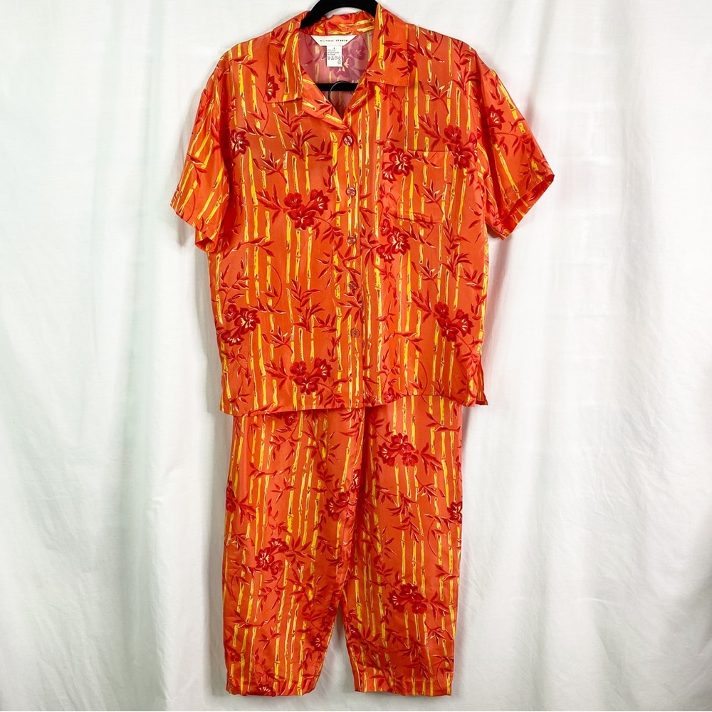 Melrose Studio Bamboo Print Silk Top and Pants 2 Pc Outfit Sm